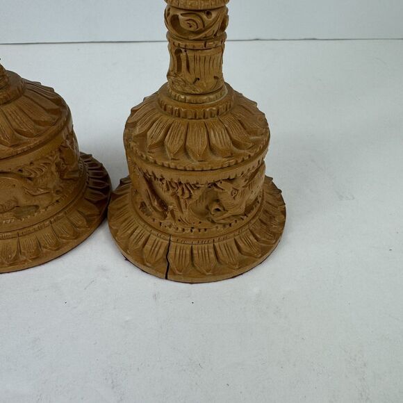 Pair Hand Carved Wooden Flower Vintage Vase Elephant Lion Home Garden Decor Art - Picture 6 of 10